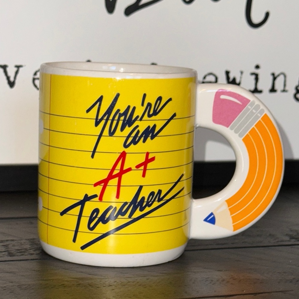 [Sale] VINTAGE AVON Yellow 'A+ Teacher' Coffee Tea Cup Mug Pencil Handle School